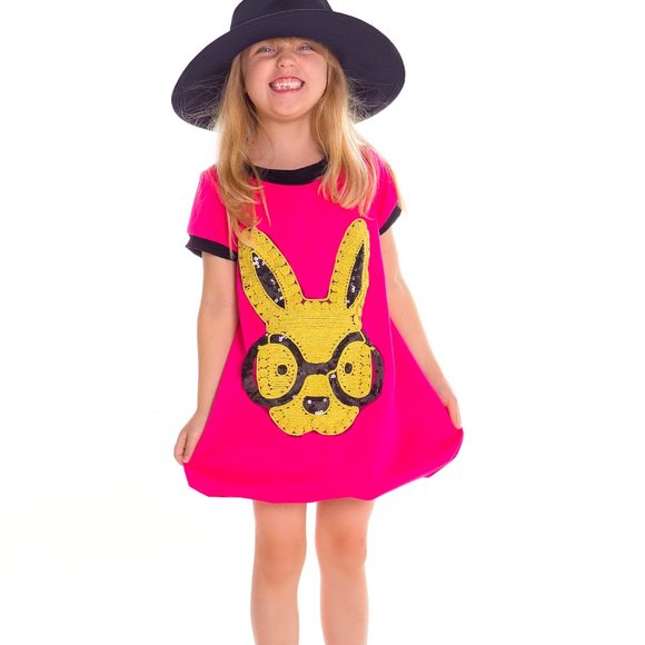 JIBRIKid’s Bunny Dress with Sequin Bunny Applique.